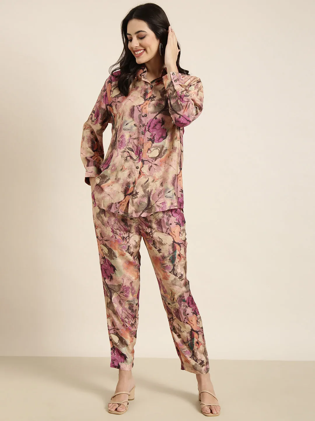 Women Oversized Multicolor Printed Shirt & Trousers Set