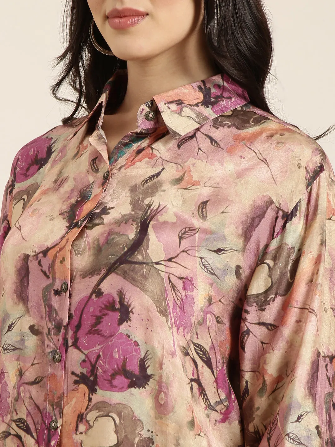 Women Oversized Multicolor Printed Shirt & Trousers Set