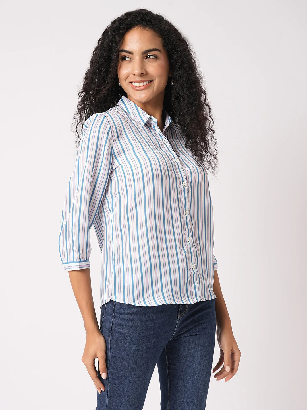 Women Slim Fit Blue/ Light Pink Stripe Shirt