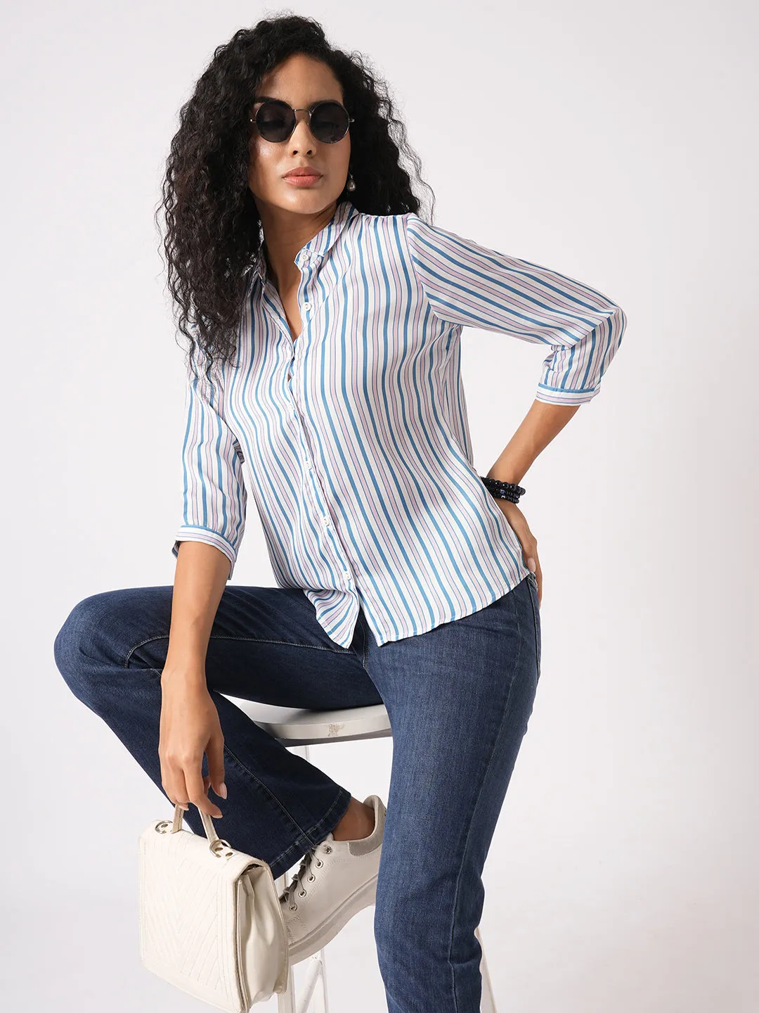 Women Slim Fit Blue/ Light Pink Stripe Shirt