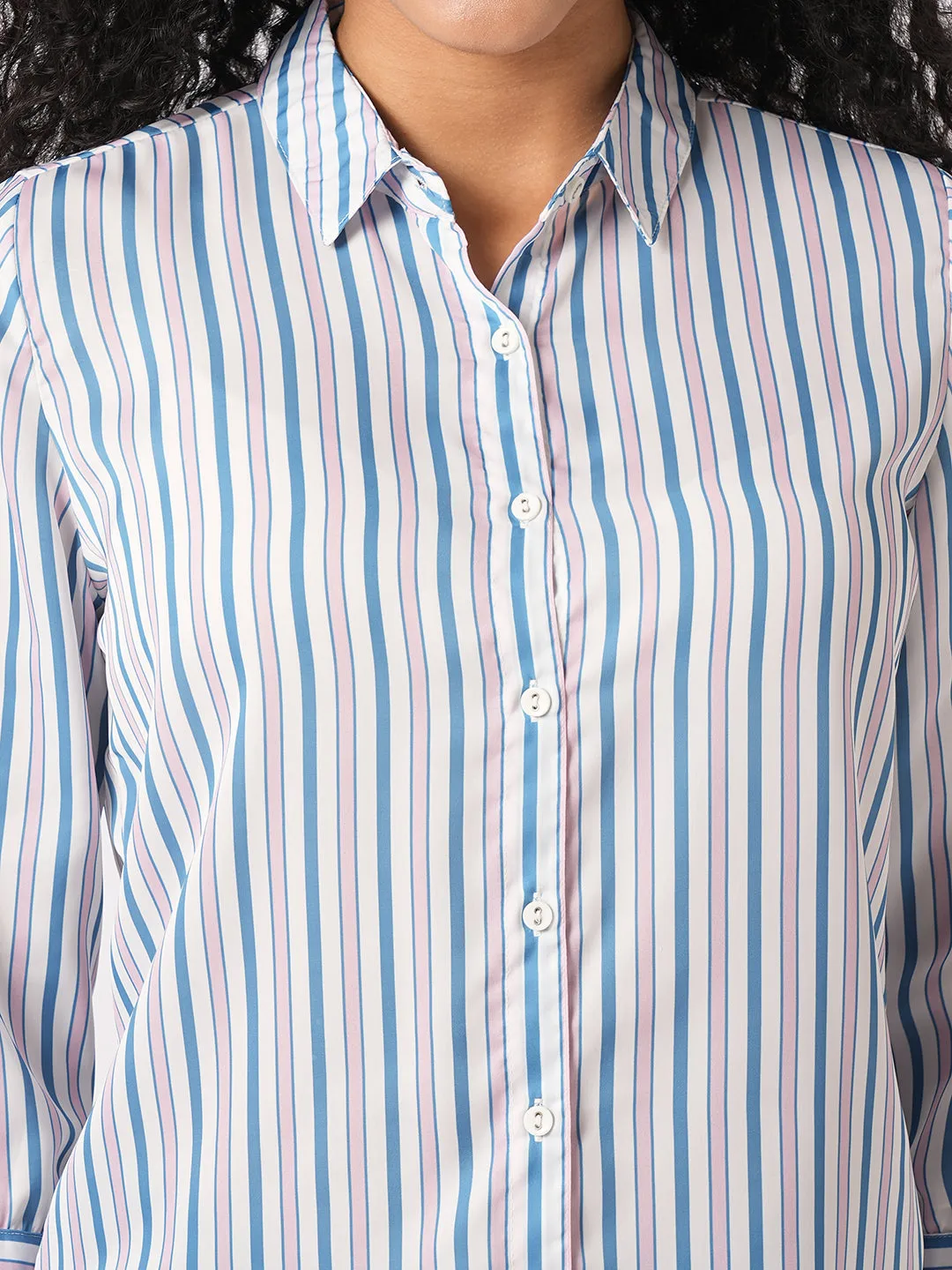 Women Slim Fit Blue/ Light Pink Stripe Shirt