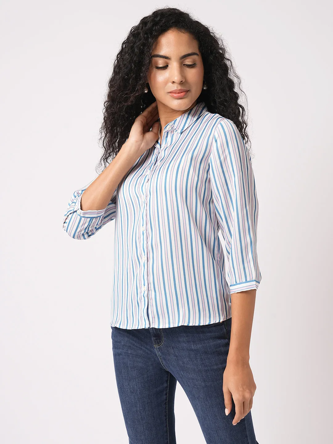 Women Slim Fit Blue/ Light Pink Stripe Shirt