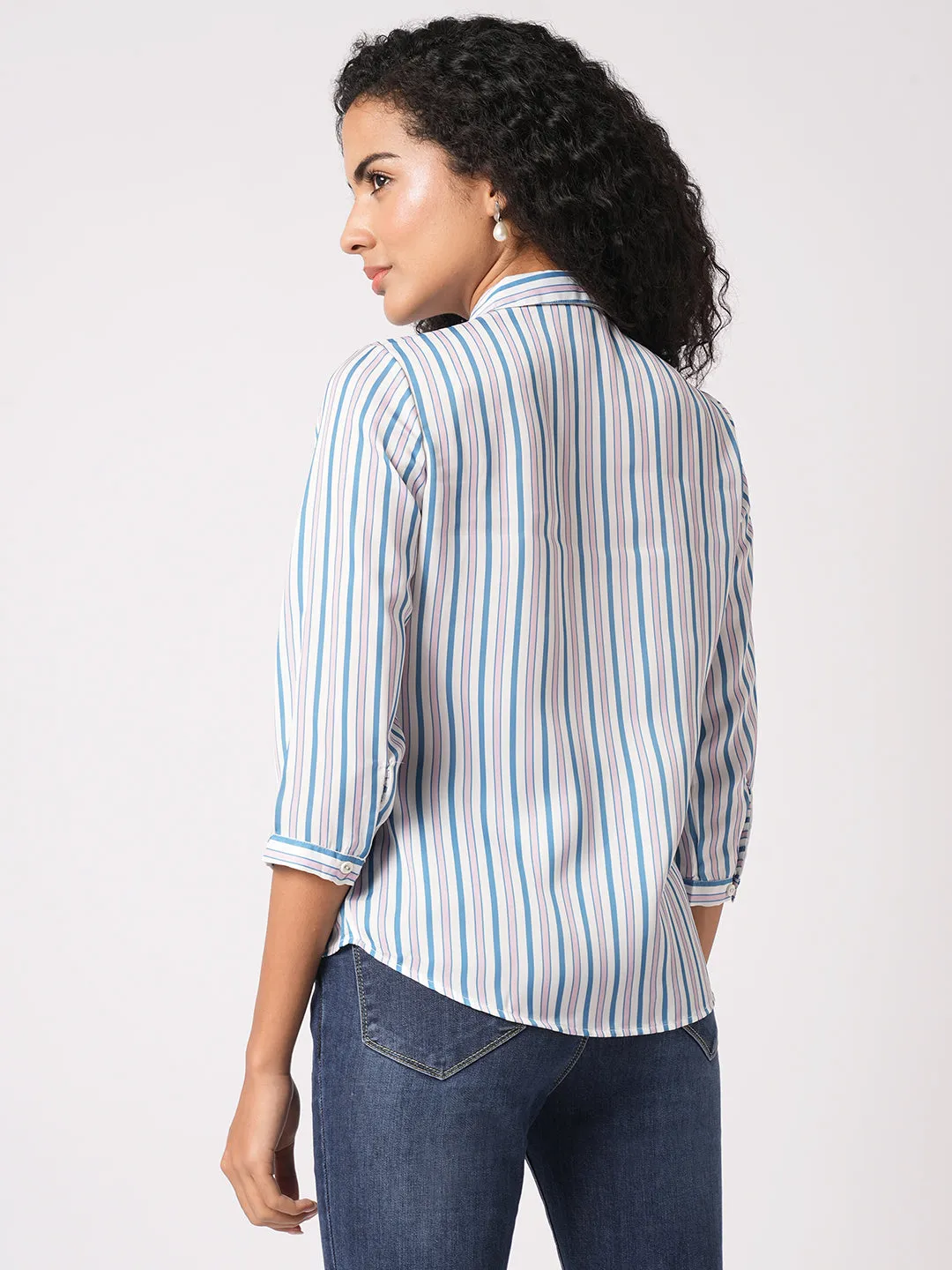 Women Slim Fit Blue/ Light Pink Stripe Shirt