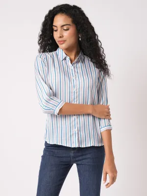 Women Slim Fit Blue/ Light Pink Stripe Shirt