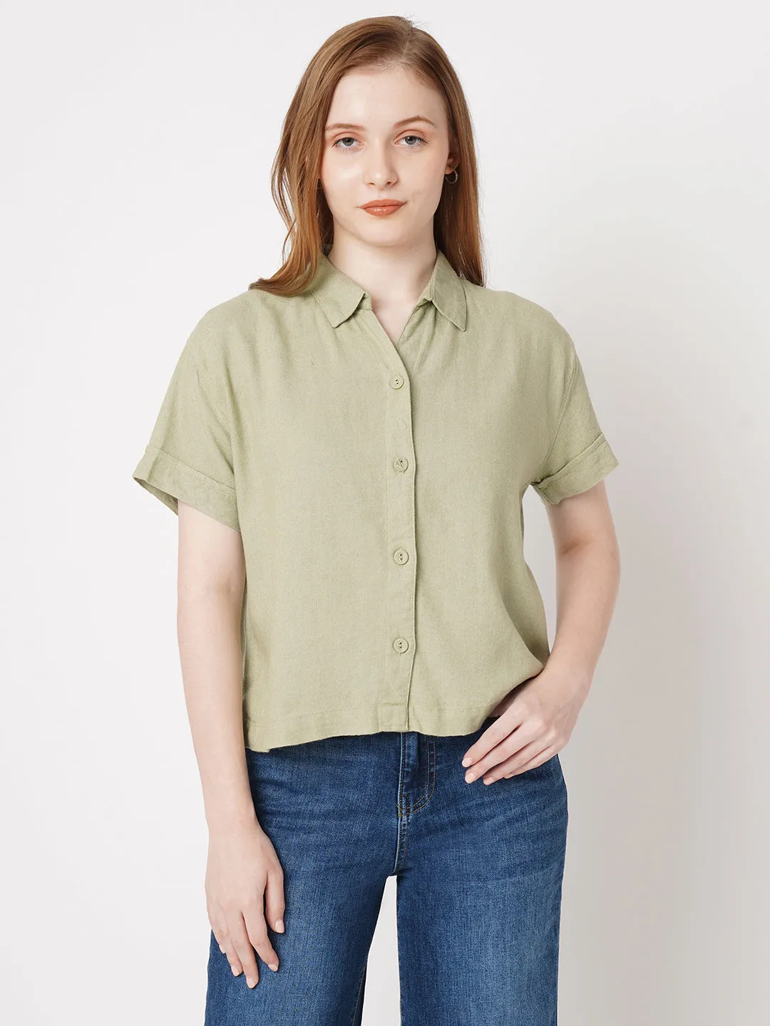 Women Solid Slim Fit LIGHT OLIVE Shirts