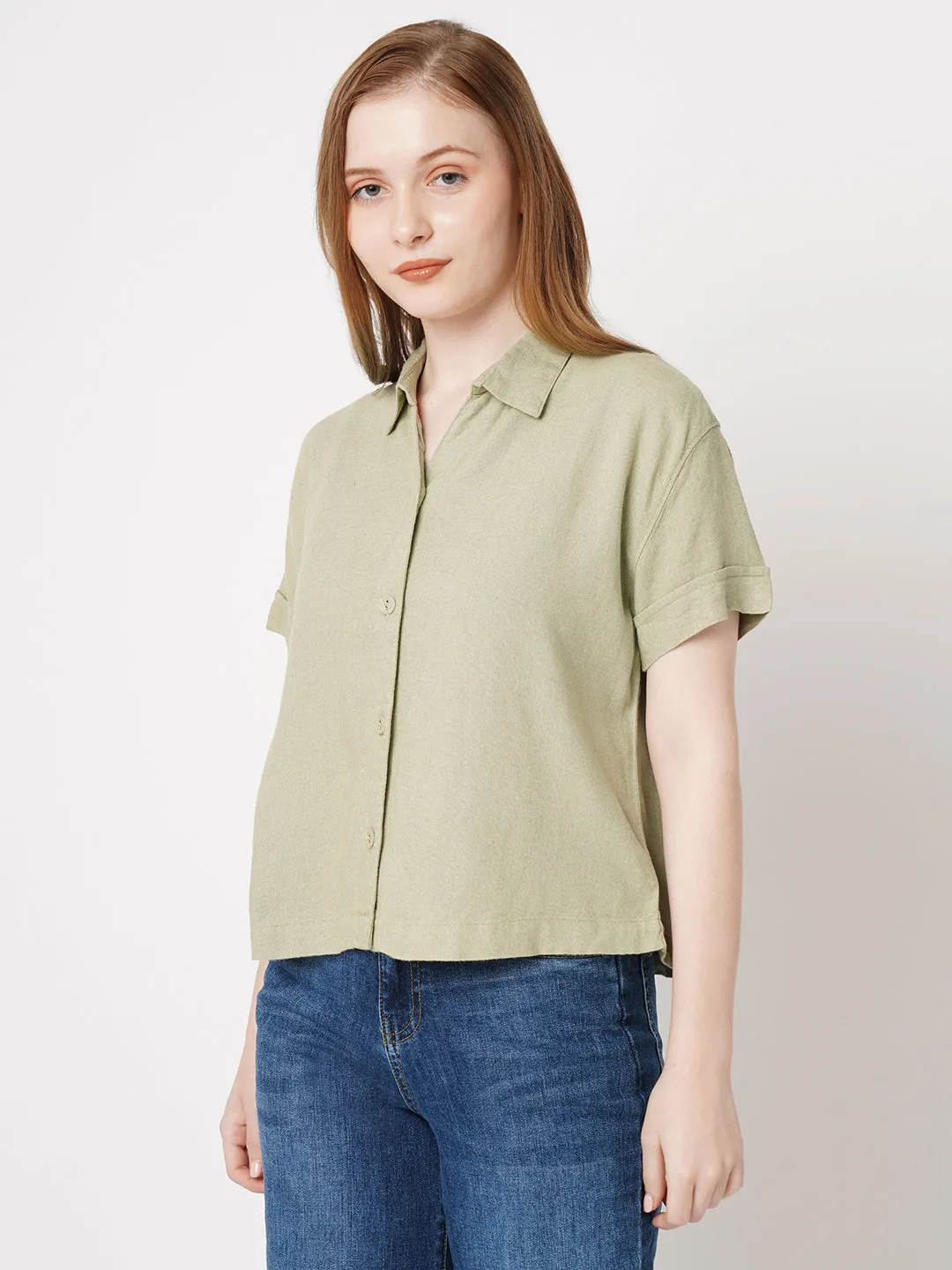 Women Solid Slim Fit LIGHT OLIVE Shirts